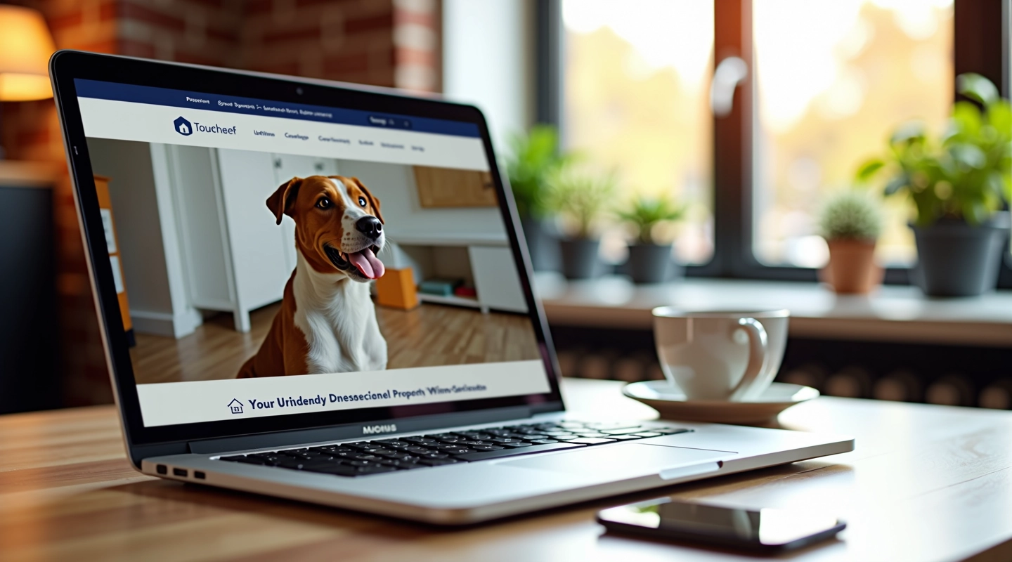 Laptop met huiszoeksite open, huisdier vriendelijk zoeken