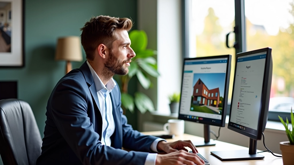 Persoon aan bureau met twee monitoren, huiszoekdetails opengezet